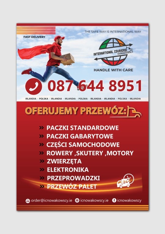 Grafika reklamowa firmy International Curiers Nowakowscy prezentująca kuriera w biegu z paczką na tle nieba, z informacjami o oferowanych usługach transportowych, numerem telefonu i adresem e-mail.