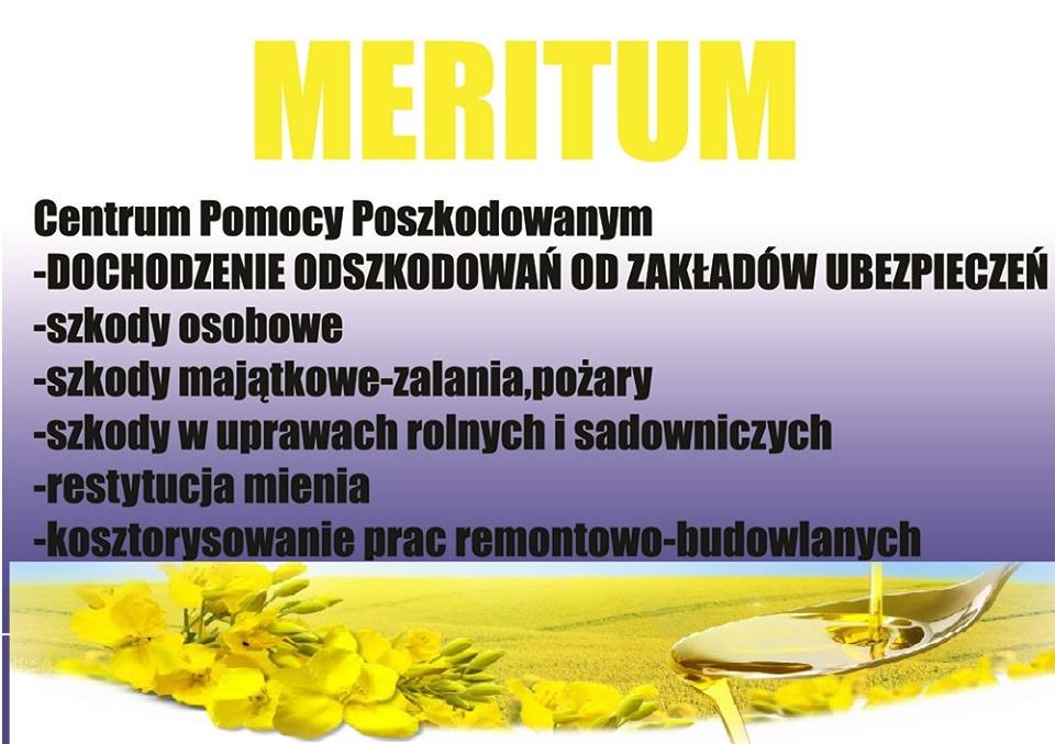 Grafika reklamowa Centrum Pomocy Poszkodowanym z tytułem 'MERITUM', wyliczająca usługi takie jak dochodzenie odszkodowań od zakładów ubezpieczeń, szkody osobowe, majątkowe (zalania, pożary), szkody...