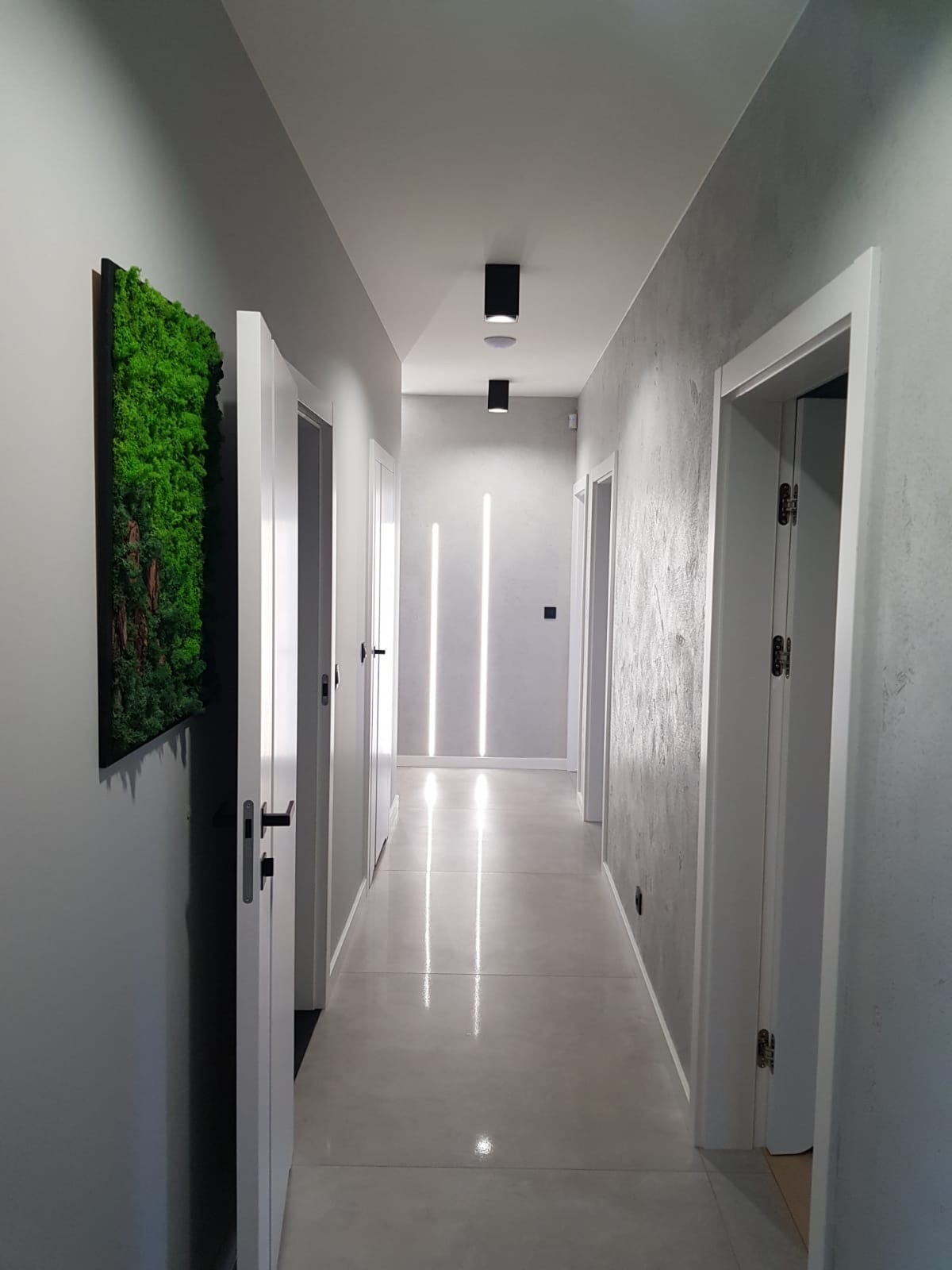 Korytarz w odcieniach szarości z białymi drzwiami, betonową posadzką i panelem z mchu na ścianie, oświetlony czarnymi lampami sufitowymi i promieniami słonecznymi.