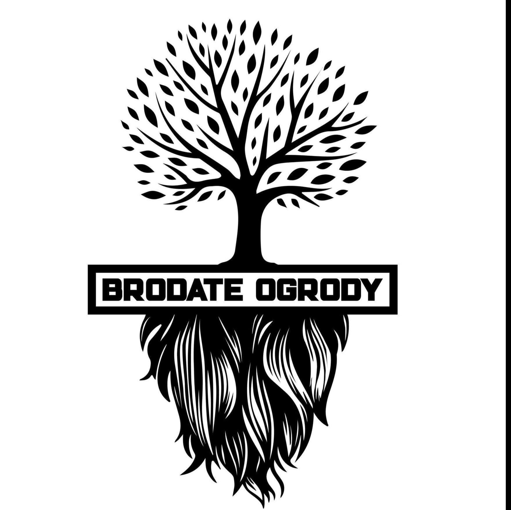 Czarno-białe logo firmy ogrodniczej przedstawiające drzewo z liśćmi u góry i korzeniami przypominającymi brodę u dołu, z napisem 'BRODATE OGRODY' w prostokątnej ramce pośrodku.