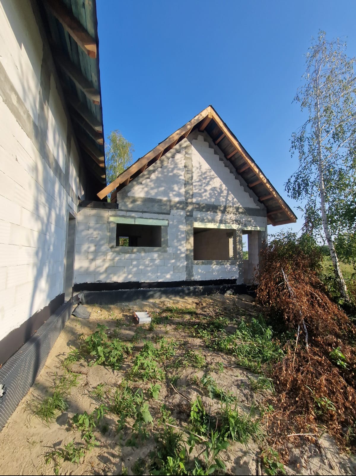 Surowy stan domu z betonu komórkowego w trakcie budowy, widoczna więźba dachowa, niezabudowane otwory okienne z zielonymi wstawkami, folia fundamentowa, zarośnięty teren budowy.