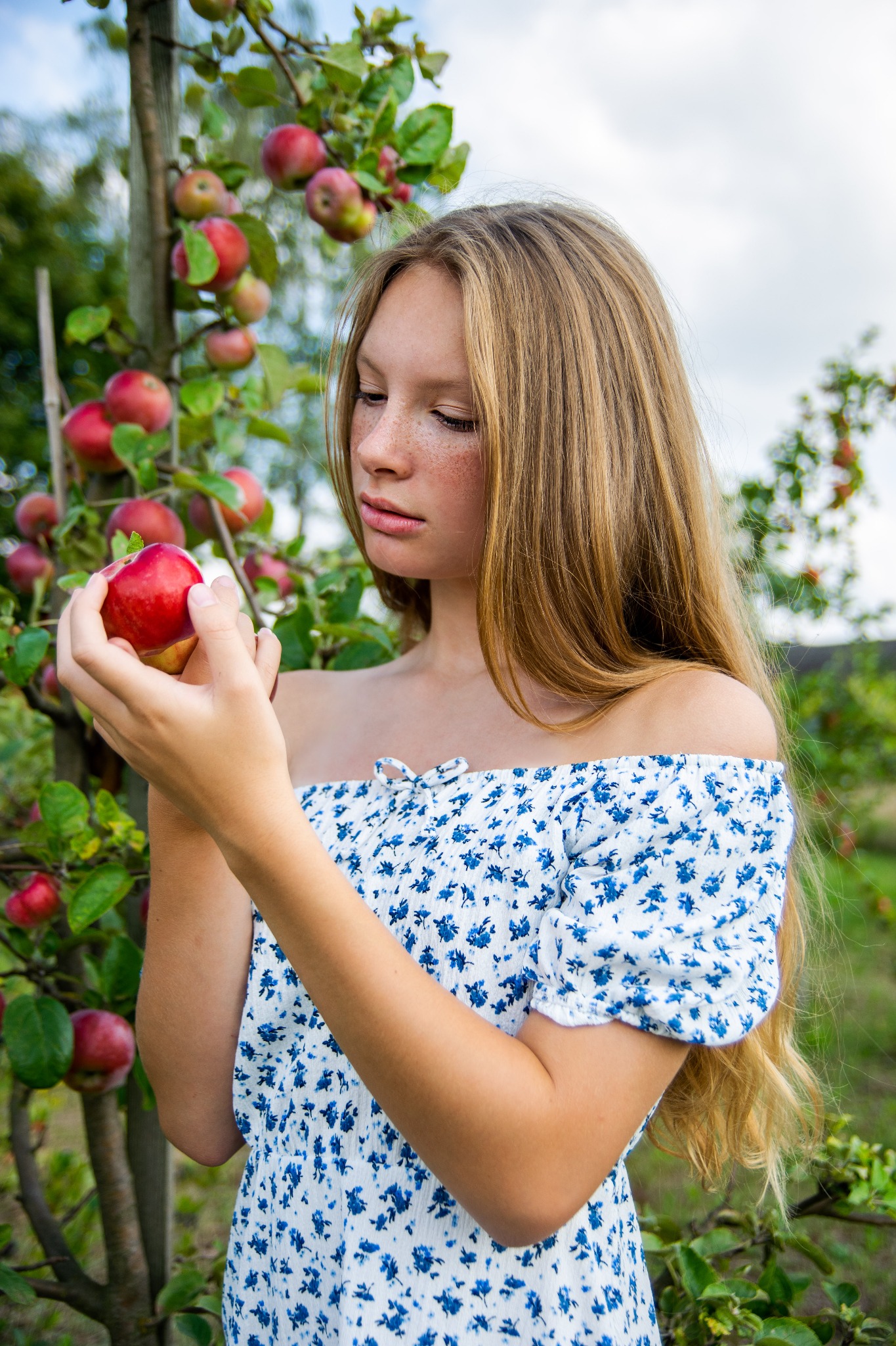 Młoda kobieta w sukience w kwiaty trzyma czerwone jabłko na tle drzewa jabłoni z owocami.