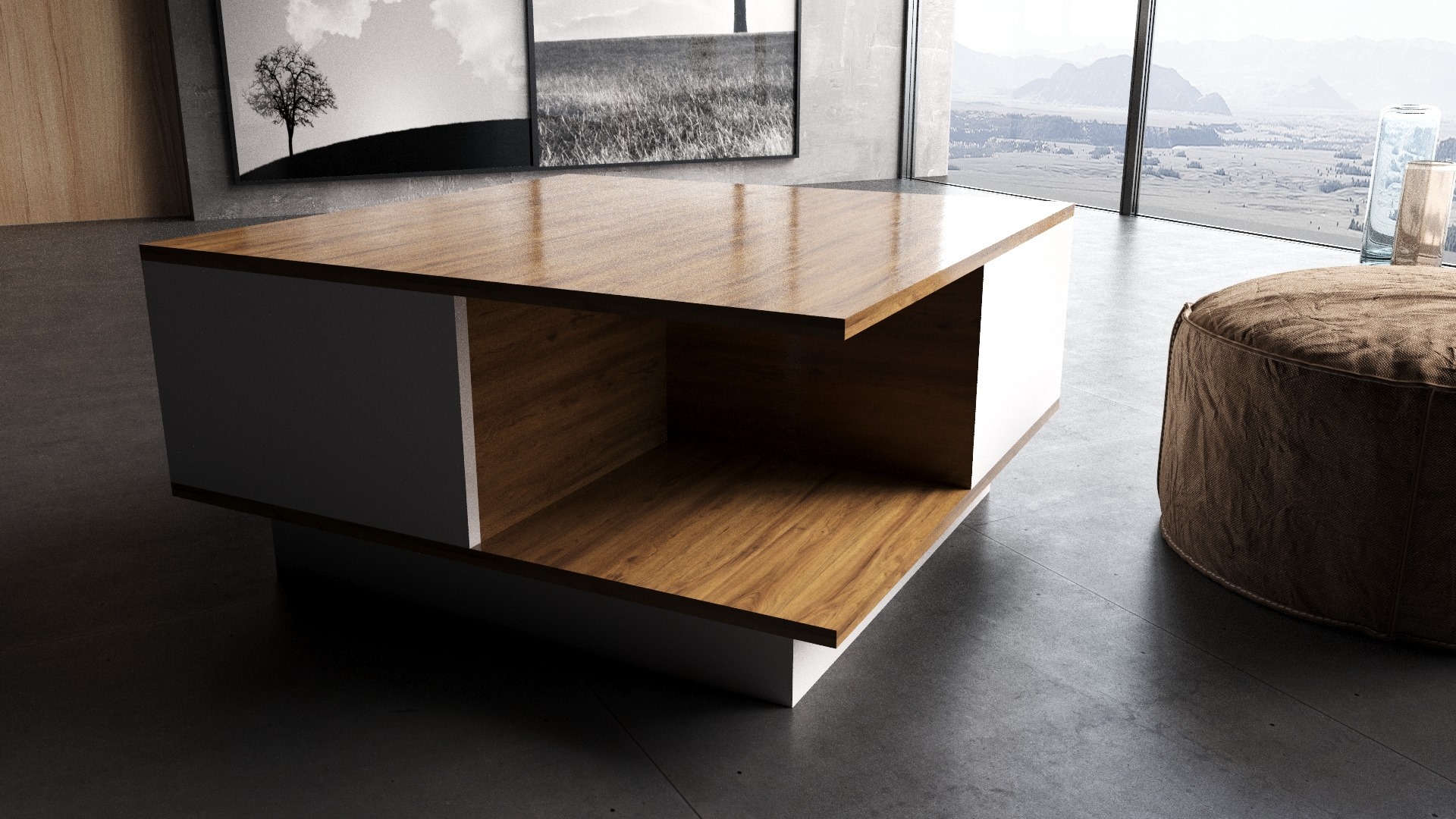 Nowoczesny stolik kawowy z blatem w odcieniach drewna i białymi bokami, z otwartą przestrzenią do przechowywania; w tle panoramiczne okno z widokiem na góry i minimalistyczne obrazy.