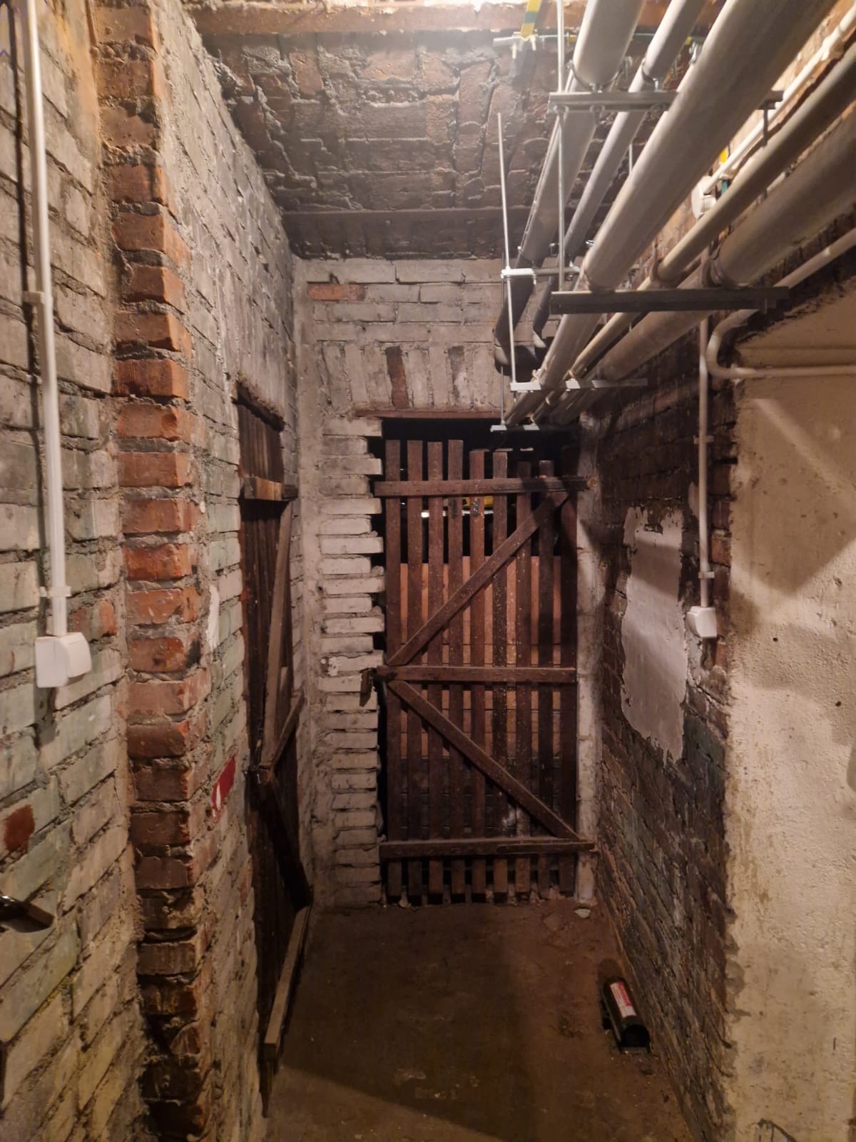 Ciemne piwniczne pomieszczenie z ceglanymi ścianami, drewnianymi drzwiami z kratą i rurami pod sufitem.
