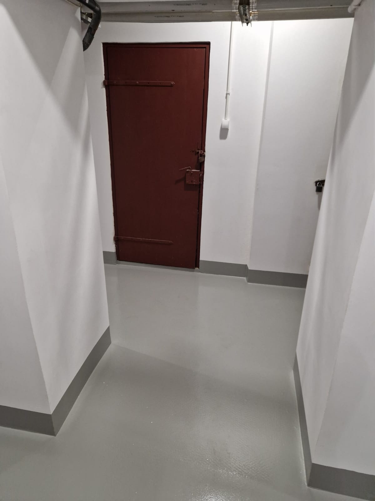 Wnętrze piwnicy z pomalowaną na szaro posadzką żywiczną i brązowymi, metalowymi drzwiami.