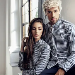 Para modeli prezentuje pasiaste koszule w studio z oknem w tle, ona z ręką we włosach, on z lekkim zarostem i blond włosami.