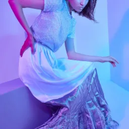 Kobieta siedząca na krawędzi platformy, prezentująca błyszczącą bluzkę i spódnicę z metalicznym dołem w chłodnym, neonowym oświetleniu.