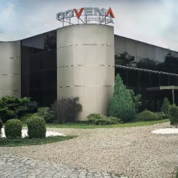 Nowoczesny budynek biurowy z ciemnymi oknami i zaokrągloną wieżą z logo firmy oświetleniowej na szczycie, otoczony zadbaną zielenią i brukowanym podjazdem.