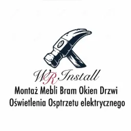Logo firmy WR Install z motywem młotka, oferującej montaż mebli, bram, okien, drzwi, oświetlenia i osprzętu elektrycznego.