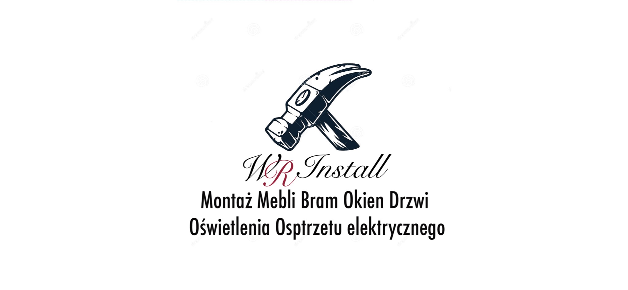 Logo firmy WR Install z motywem młotka, oferującej montaż mebli, bram, okien, drzwi, oświetlenia i osprzętu elektrycznego.