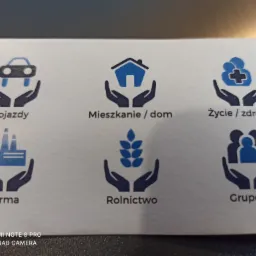 Graficzne ikony reprezentujące różne rodzaje ubezpieczeń: pojazdów, mieszkań, życia i zdrowia, firm, rolnictwa i grupowe, umieszczone na białym tle.