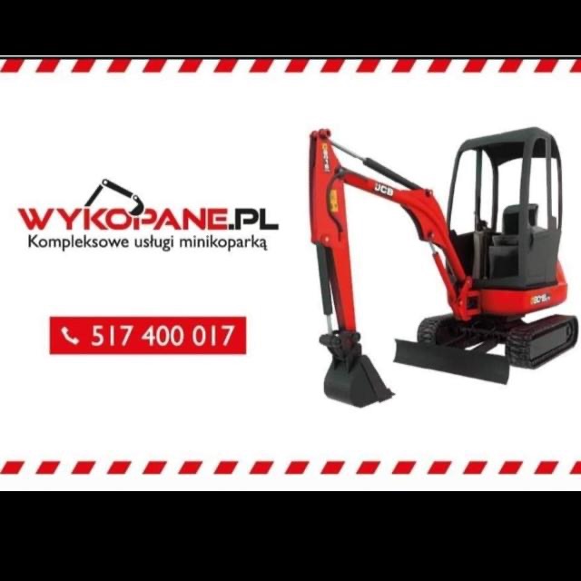 Czerwona minikoparka JCB na białym tle z logo firmy 'WYKOPANE.PL' i numerem telefonu. Grafika reklamowa usług minikoparką.