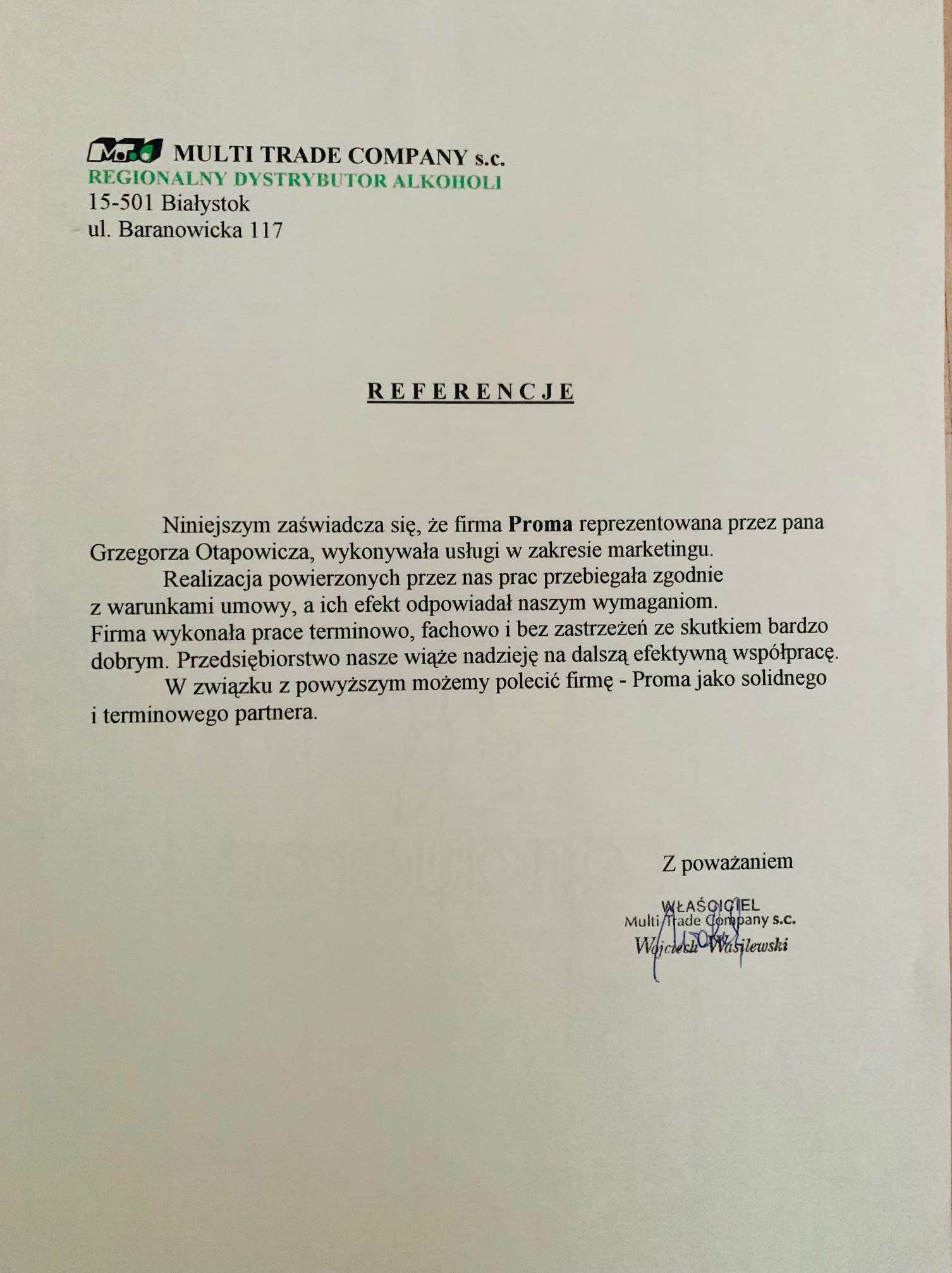 Skan referencji dla firmy Proma z Białystoku, za usługi marketingowe, wystawione przez Multi Trade Company s.c., z podpisem właściciela.
