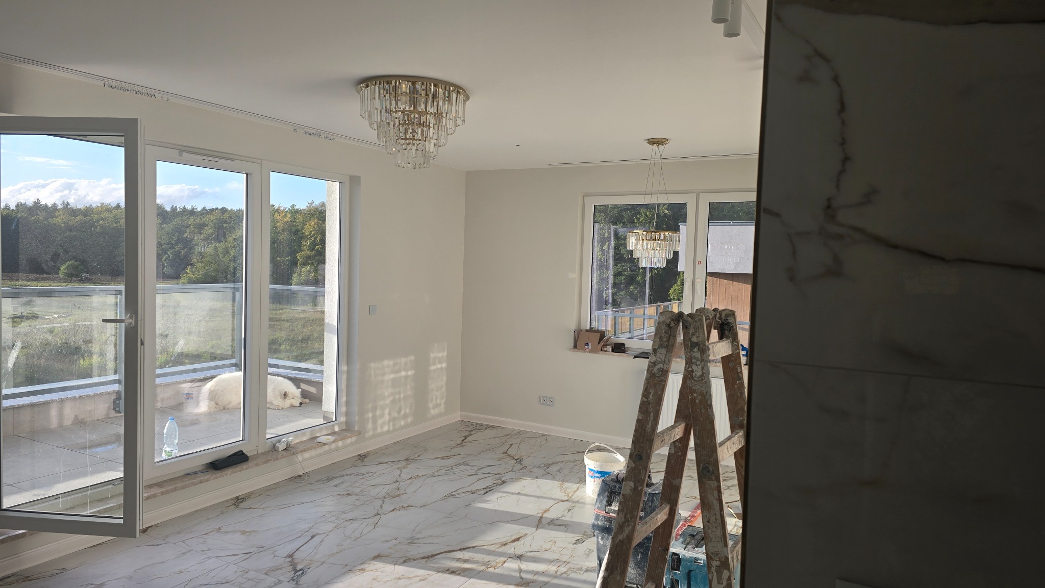 Jasne wnętrze w trakcie wykańczania: marmurowa podłoga, białe ściany, duże okna balkonowe z widokiem na zieleń, na balkonie leżący biały pies, drabina malarska i akcesoria malarskie w rogu pokoju...
