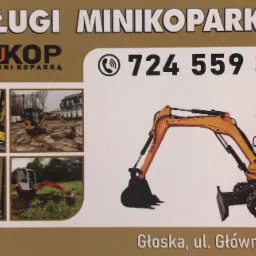 Wizytówka firmy oferującej usługi minikoparką, z numerem telefonu i adresem, prezentująca na zdjęciach różne etapy prac ziemnych przy użyciu minikoparek.