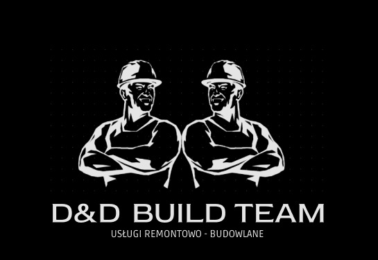 Logo firmy D&D Build Team oferującej usługi remontowo-budowlane, przedstawiające dwóch silnych mężczyzn w kaskach budowlanych z założonymi rękami na czarnym tle.