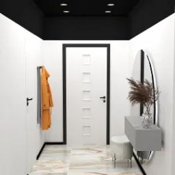Nowoczesny przedpokój z białymi szafami, marmurową podłogą i minimalistycznym lustrem z podświetleniem LED. Na wieszaku wisi pomarańczowy płaszcz.