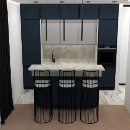 Wizualizacja nowoczesnej kuchni w Warszawie z ciemnoniebieskimi szafkami, marmurowym blatem i backsplashiem w geometryczny wzór, oświetlona trzema podłużnymi lampami wiszącymi i wyposażona w trzy...