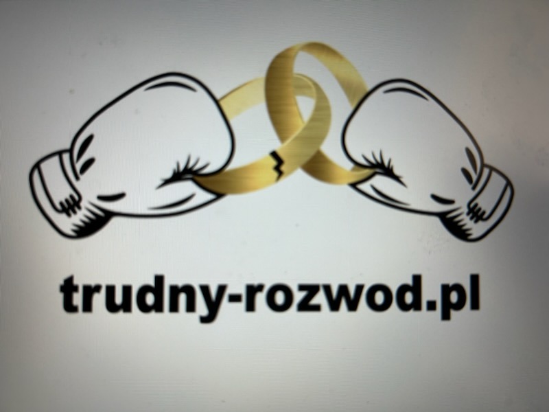 Grafika przedstawia dwa boksujące się rękawice bokserskie, które są połączone pękniętymi obrączkami ślubnymi. Pod spodem widnieje adres strony internetowej: trudny-rozwod.pl.