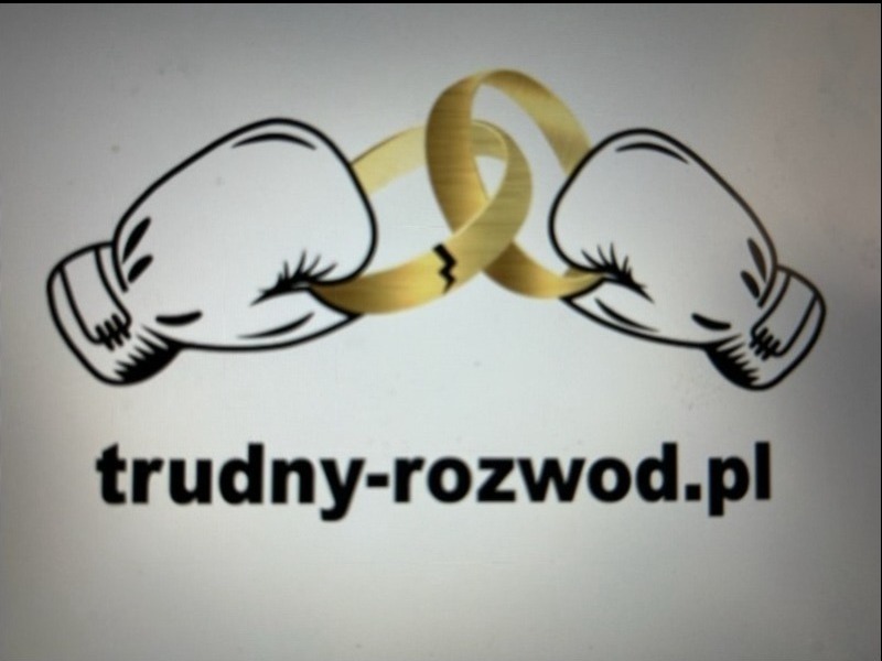 Grafika przedstawia dwa boksujące się rękawice z przełamanym złotym pierścionkiem między nimi, poniżej napis trudny-rozwod.pl.