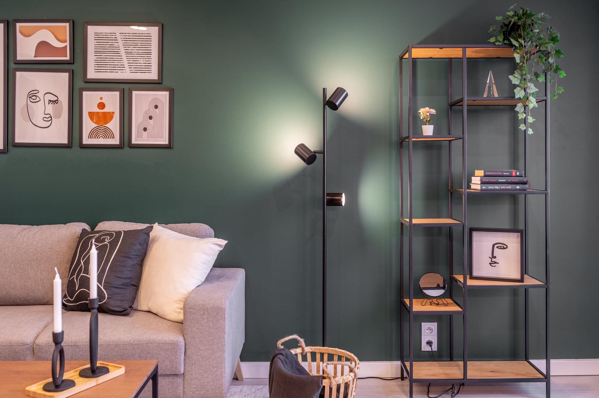 Nowoczesny salon z szarą sofą, czarną lampą podłogową, regałem z drewnianymi półkami i zieloną ścianą ozdobioną abstrakcyjnymi obrazami.