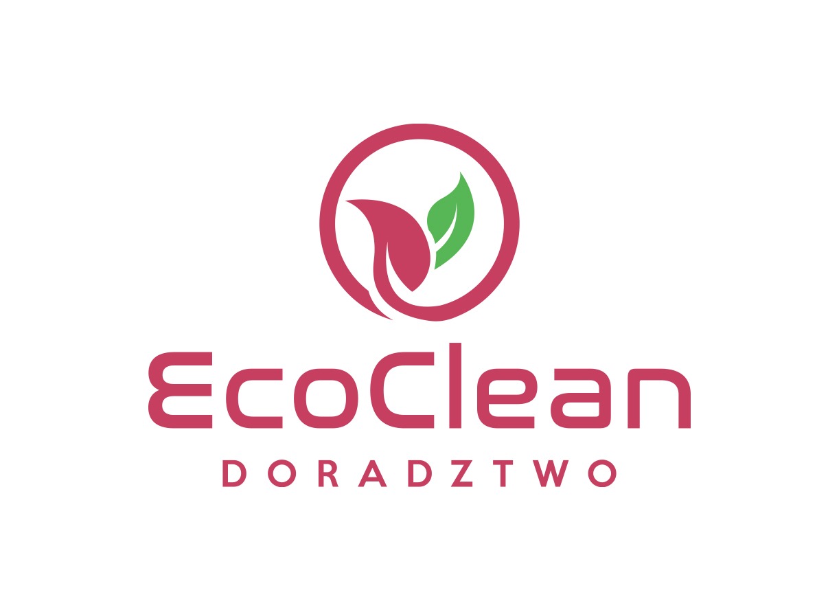 Logo firmy EcoClean Doradztwo z dwoma stylizowanymi liśćmi w okręgu, jeden bordowy, drugi zielony.