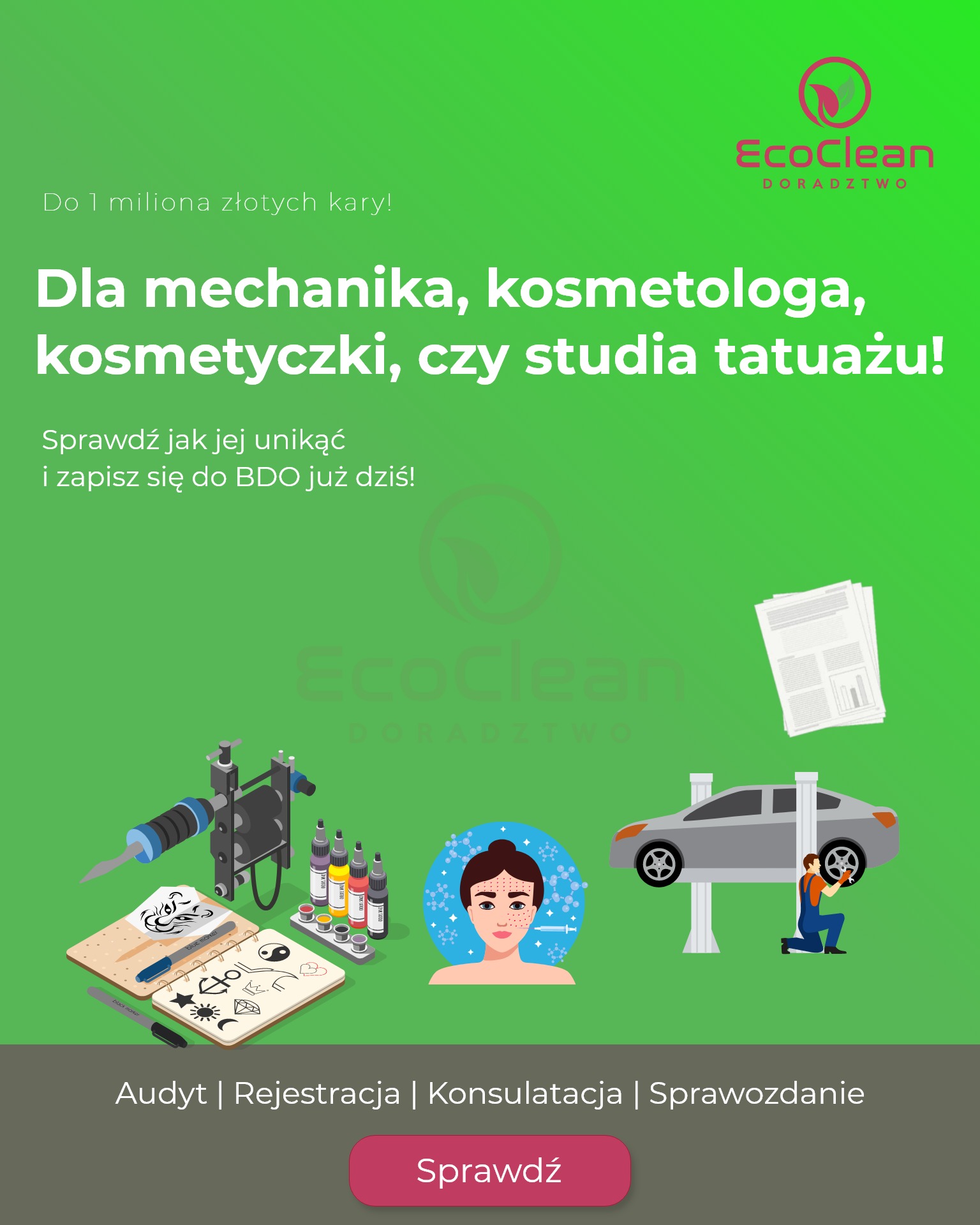 Grafika reklamowa firmy doradczej EcoClean, skierowana do mechaników, kosmetologów, kosmetyczek i studiów tatuażu, przedstawiająca ikonografiki: warsztat tatuażu, twarz z problemami skórnymi...