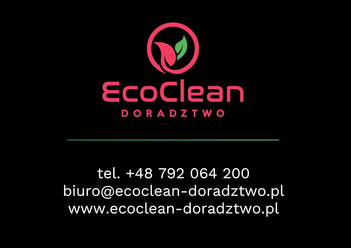 Logo firmy EcoClean Doradztwo z liśćmi w okręgu, nazwa firmy i dane kontaktowe na czarnym tle.