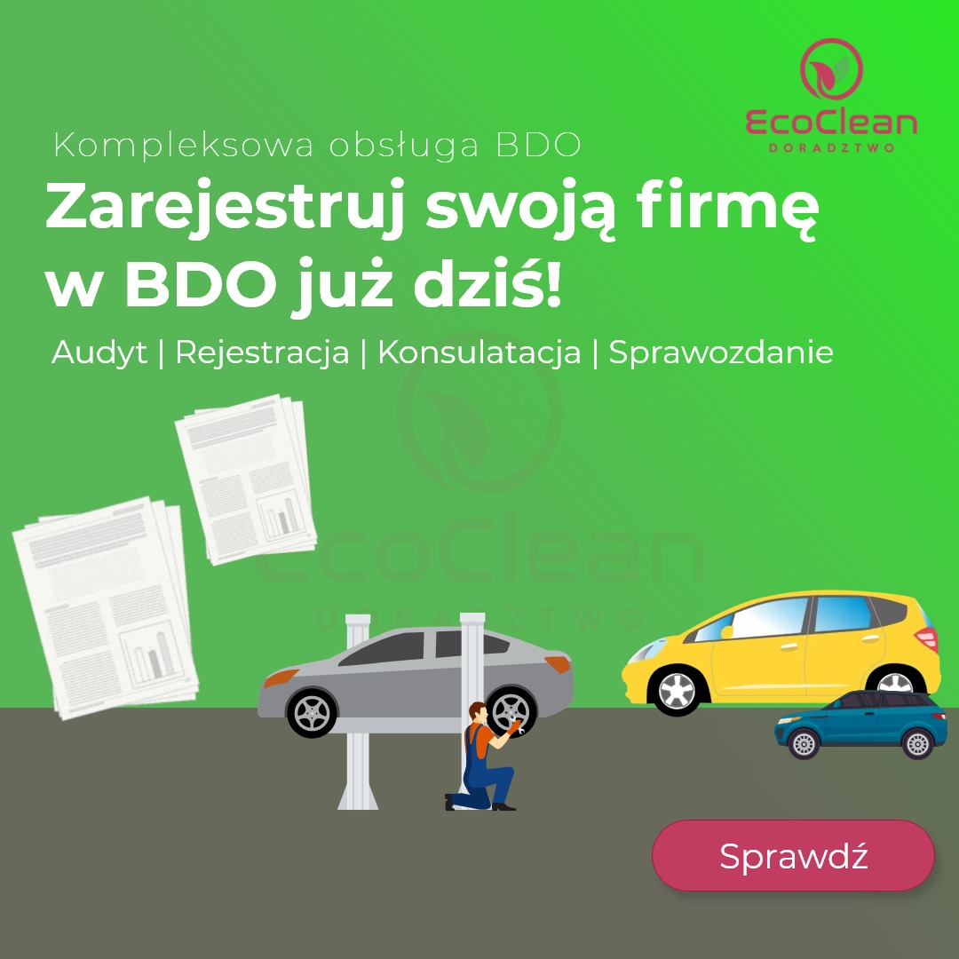 Grafika reklamowa: Rejestracja firmy w BDO, kompleksowa obsługa, audyt, rejestracja, konsultacja, sprawozdanie, zarys samochodów i mechanika przy podnośniku.