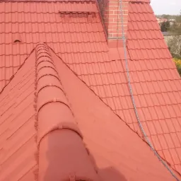 Czerwony dach z dachówki ceramicznej, widok z góry, z kominem z cegły i przewodem na dachu, w tle drzewa.