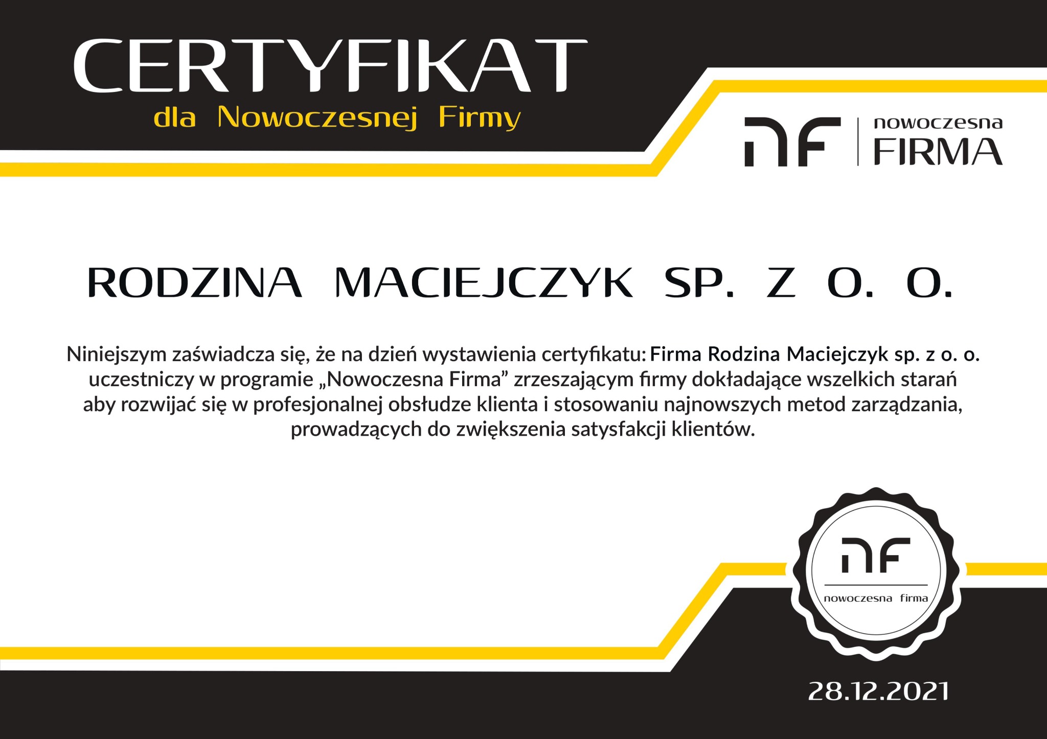 Certyfikat dla Nowoczesnej Firmy Rodzina Maciejczyk sp. z o. o. z datą 28.12.2021.