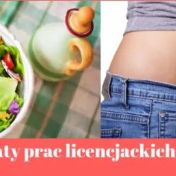 Kompozycja dwóch zdjęć: miska sałatki warzywnej na tle w zieloną kratę oraz osoba trzymająca za szeroki pas jeansów, symbolizująca utratę wagi. Na dole czerwony pasek z tekstem 'Tematy prac...