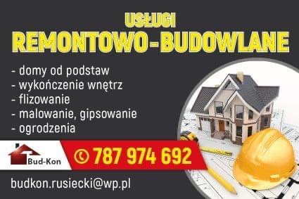 Wizytówka firmy remontowo-budowlanej z numerem telefonu, adresem email i logo, prezentująca projekt domu na planach architektonicznych obok kasku ochronnego i narzędzi pomiarowych.