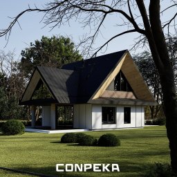CONPEKA Piotr Krukierek - Wizualizacja nowoczesnego domu z czarnym dachem dwuspadowym i białymi ścianami, otoczonego zielonym trawnikiem i drzewami. Widoczny fragment logo firmy CONPEKA.