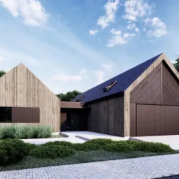 Wizualizacja domu jednorodzinnego z dwuspadowym dachem, wykończonego drewnianą elewacją w dwóch odcieniach brązu, z garażem po prawej stronie i minimalistycznym ogrodem.