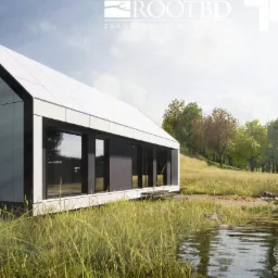 Nowoczesny dom modułowy z płaskim dachem i dużymi oknami, usytuowany na skraju łąki z widokiem na drzewa, odbijający się w wodzie.