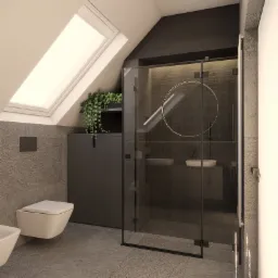 Wizualizacja łazienki na poddaszu z kabiną prysznicową ze szklanymi drzwiami, wiszącą toaletą i bidetem, szarą mozaiką na ścianach, okrągłym lustrem z podświetleniem LED i szafką z rośliną...