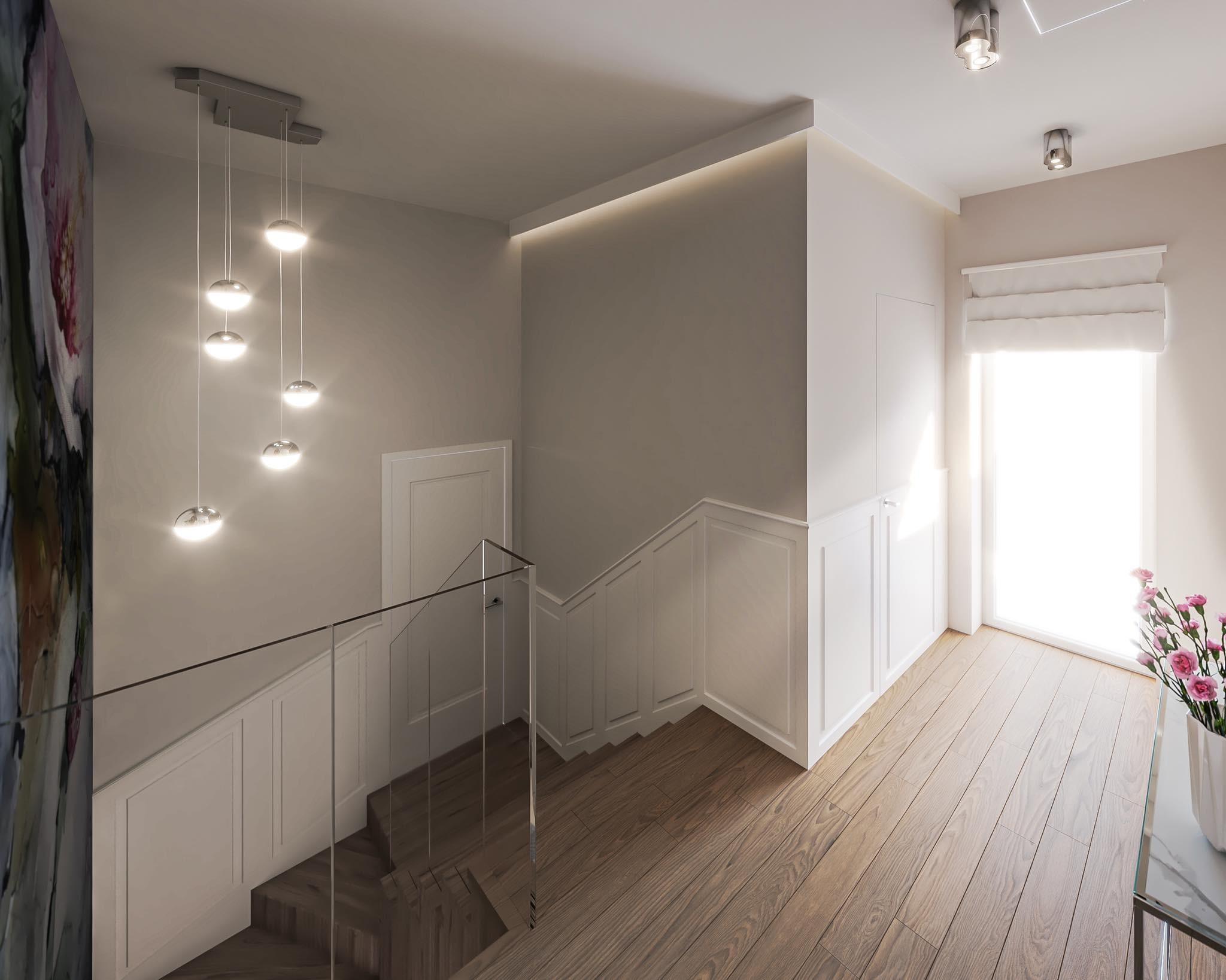 Jasne wnętrze domu z drewnianą podłogą, schodami z szklaną balustradą i wiszącą lampą kulistą, oświetlenie LED w suficie, obraz na ścianie
