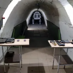 Strzelnica w betonowym tunelu z dwoma stołami z bronią i amunicją, tarcza strzelecka w oddali.