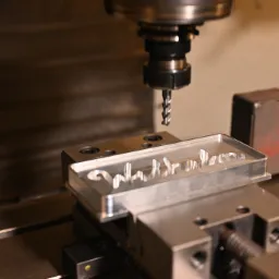 Frezarka CNC w trakcie obróbki aluminiowego detalu z wyfrezowanym napisem, widoczny wiór i uchwyt mocujący.