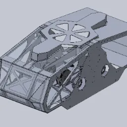 Szkic CAD/CAM/CAE ramy pojazdu gąsienicowego, widoczne elementy konstrukcyjne i otwory montażowe.
