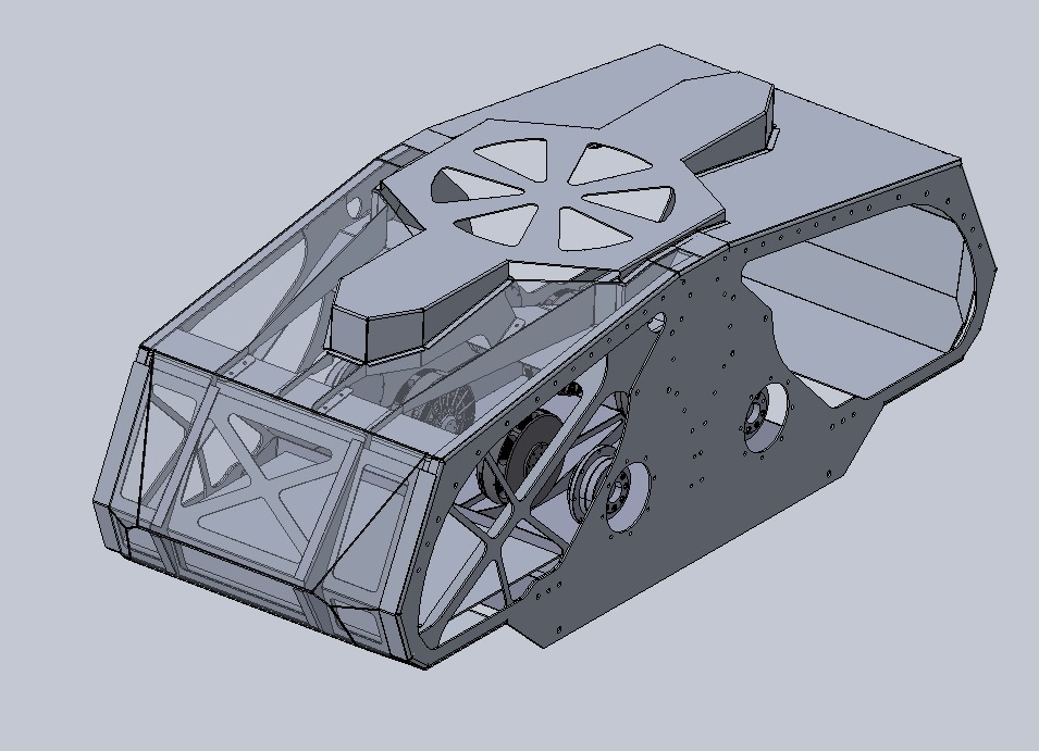 Szkic CAD/CAM/CAE ramy pojazdu gąsienicowego, widoczne elementy konstrukcyjne i otwory montażowe.