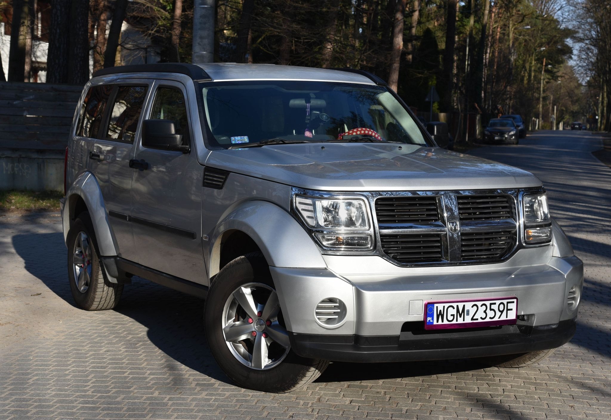 Srebrny Dodge Nitro zaparkowany na brukowanej drodze, widoczny przód pojazdu z polską tablicą rejestracyjną, w tle drzewa i ulica.