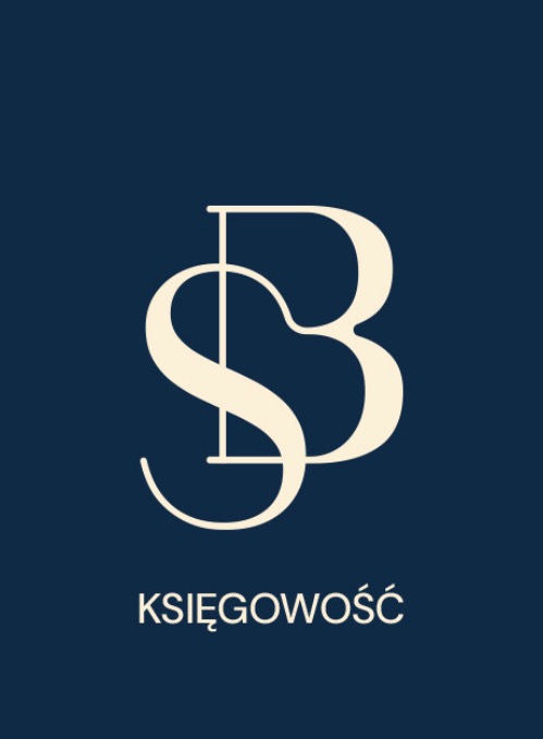 Eleganckie logo firmy księgowej na granatowym tle. Kremowy, stylizowany monogram 'SB' nad napisem 'KSIĘGOWOŚĆ' w tym samym kolorze.