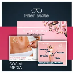 Grafika reklamowa salonu kosmetycznego Inter Mate prezentująca ofertę zabiegów: usuwanie blizn metodą karboksyterapii, redukcja tkanki tłuszczowej (ramiona, brzuch, uda, pośladki) oraz makijaż.