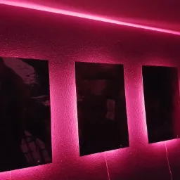 Trzy podświetlone różowym światłem obrazy na ścianie w Pułtusku, z widocznymi kablami zasilającymi i górnym paskiem LED.