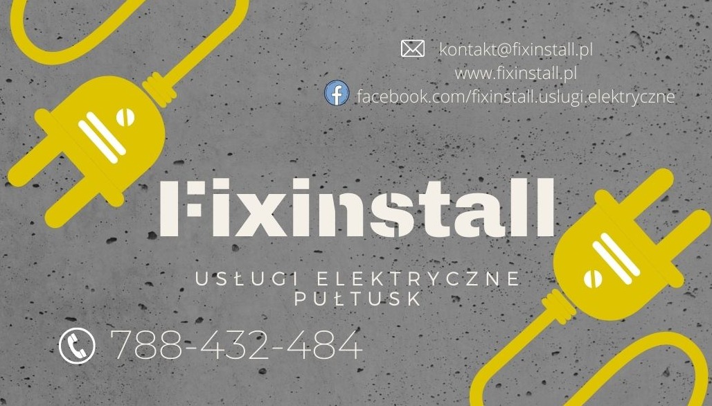 Wizytówka firmy Fixinstall z Pułtuska oferującej usługi elektryczne, na szarym tle z motywem betonu, z żółtymi wtyczkami symbolizującymi elektryczność, zawiera dane kontaktowe: numer telefonu...