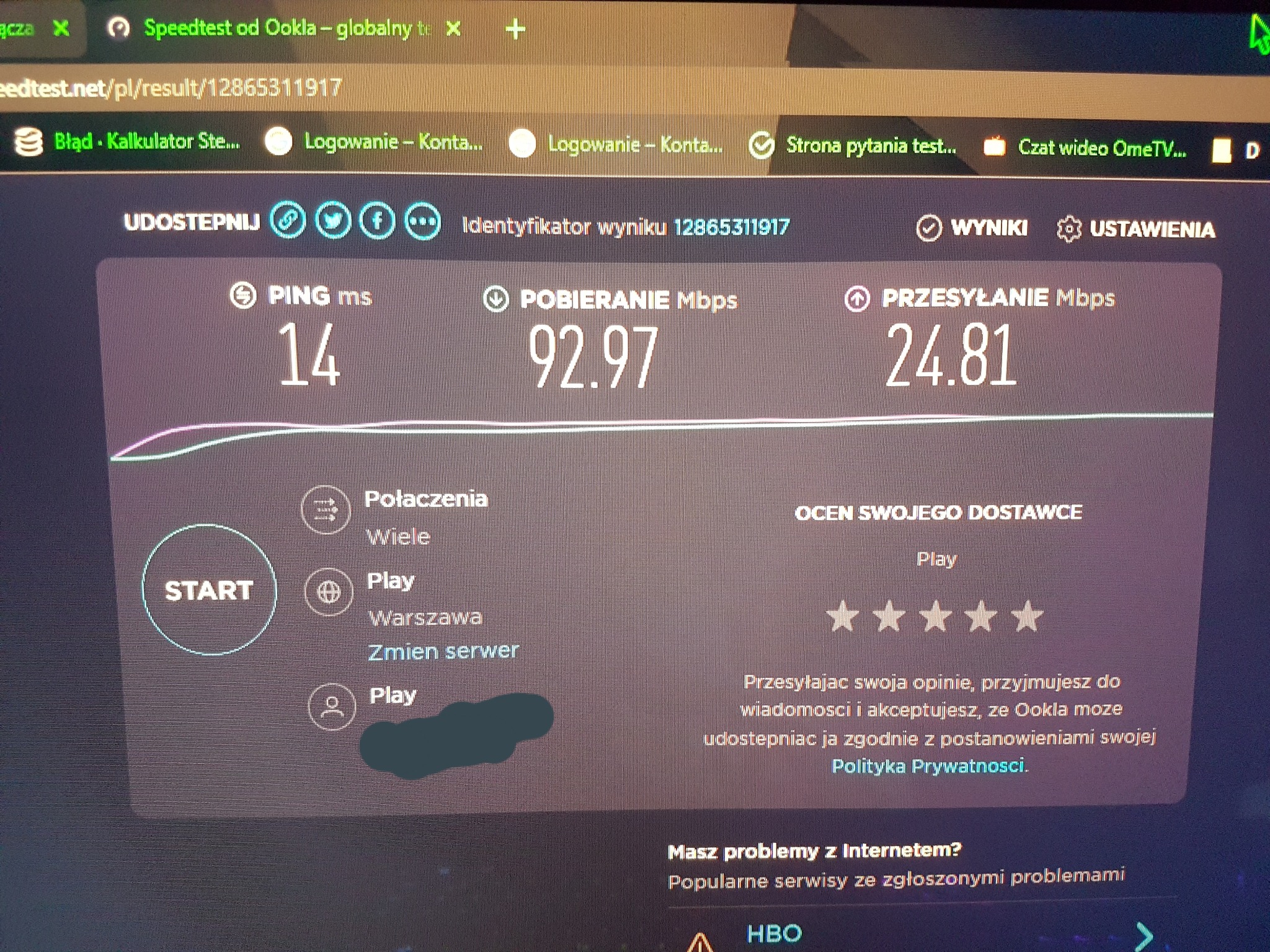 Zrzut ekranu testu prędkości internetu na stronie Speedtest.net, pokazujący ping 14ms, pobieranie 92.97Mbps i wysyłanie 24.81Mbps.