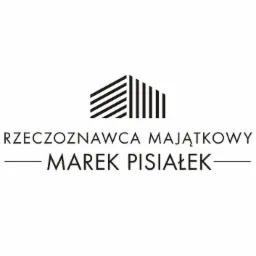 Logo firmy rzeczoznawcy majątkowego Marka Pisiałka z graficznym symbolem budynku w górnej części.