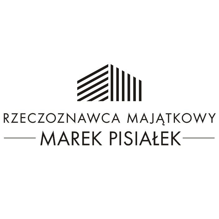 Logo firmy rzeczoznawcy majątkowego Marka Pisiałka z graficznym symbolem budynku w górnej części.
